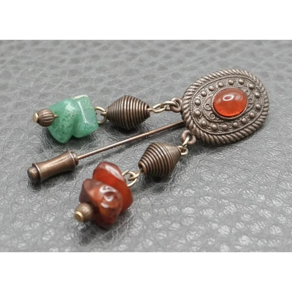 Vintage Faux Carnelian Faux Jade Copper Tone Stick Pin With Dangle Glass Beads